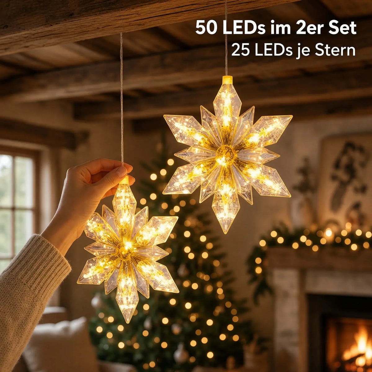 Zwei warmweiße LED-Weihnachtssterne mit 6-Stunden-Timer für Fenster und Deko