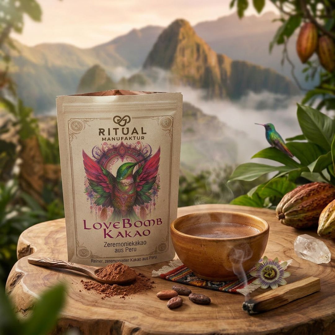LoveBomb Zeremonie-Kakao aus Peru – Produktansicht der 350-g-Packung