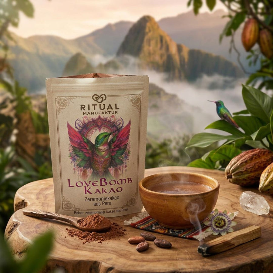 LoveBomb Zeremonie-Kakao aus Peru – Produktansicht der 350-g-Packung