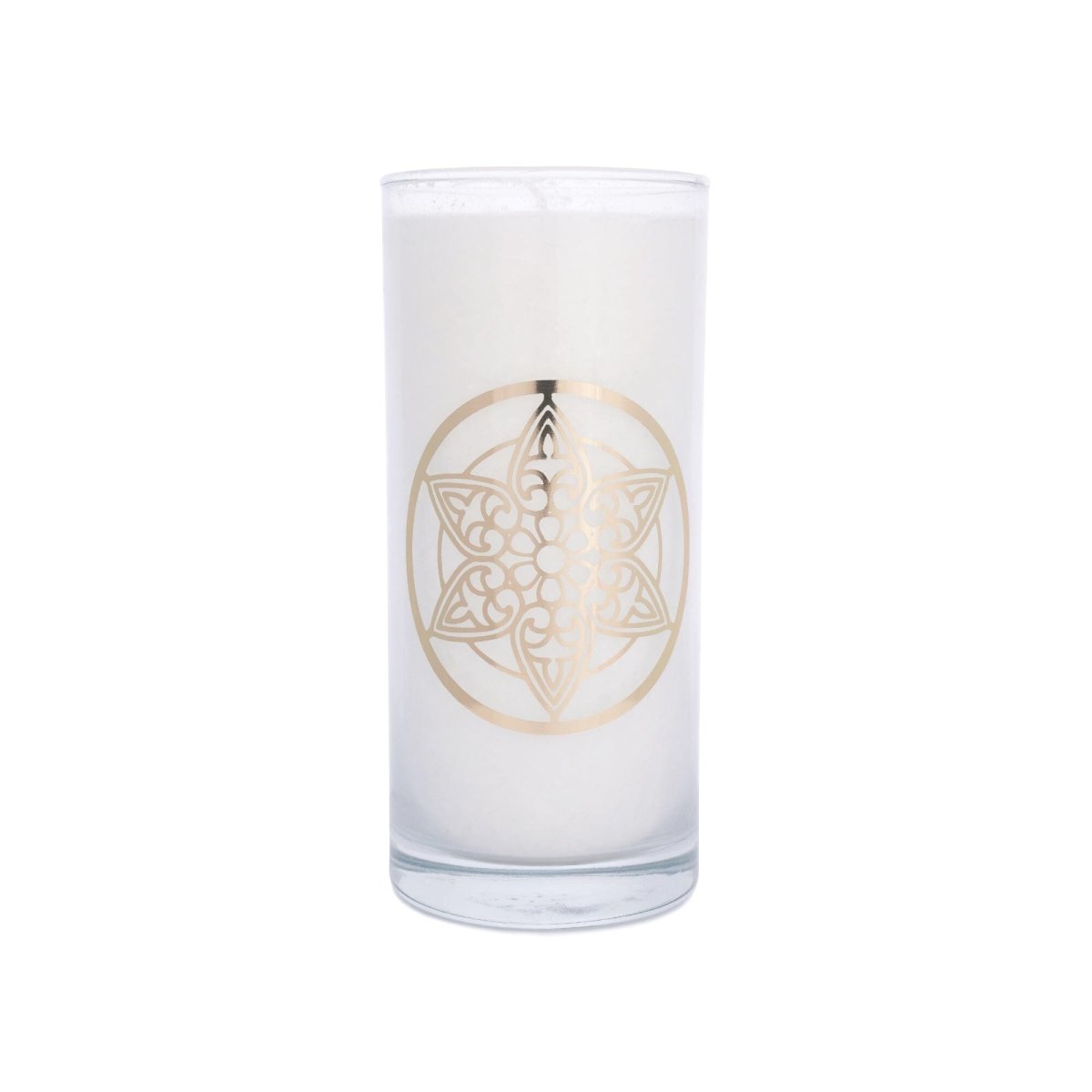 Weiße Ritualkerze mit Goldmotiv von YOVANA yogabox.de