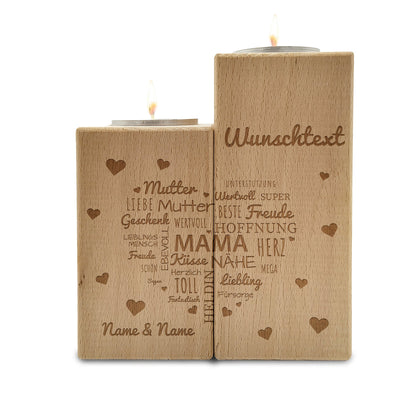 Teelichthalter-Set „Namensherz Mama“ – Holz- und Motivansicht