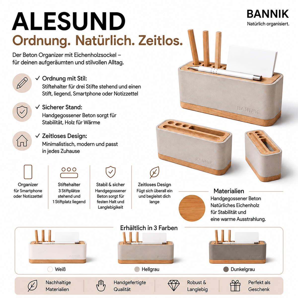 Bannik Design Alesund – Schreibtisch-Organizer aus Beton und Eichenholz, Produktansicht 5
