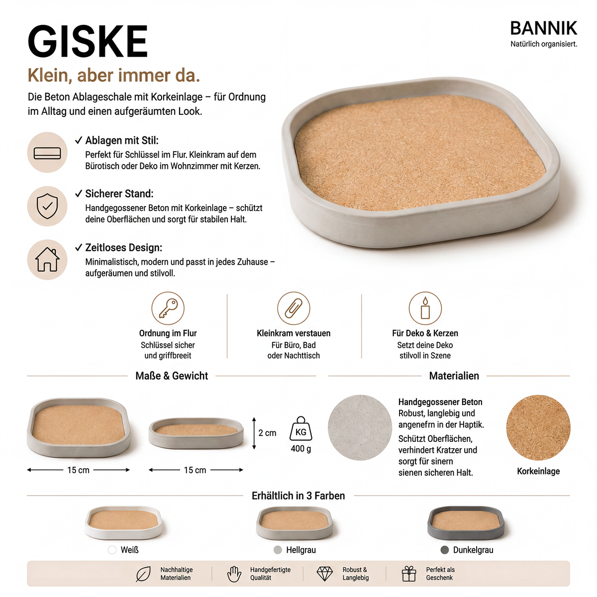Bannik Design Giske – handgegossene Betonschale mit Korkeinsatz, Produktansicht 6