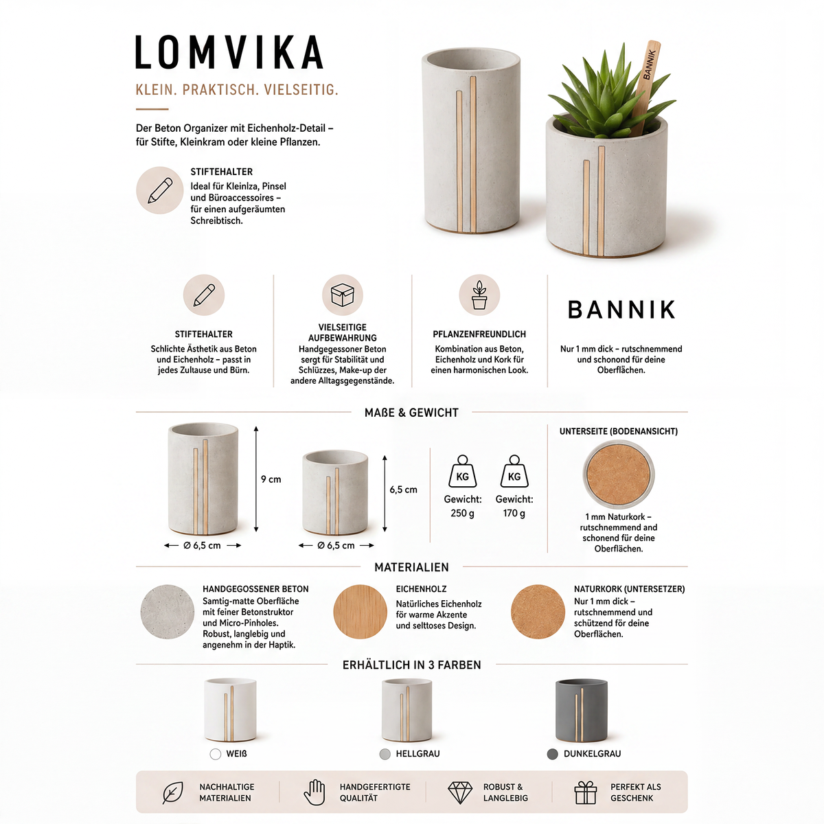 Bannik Design Lomvika – Stiftehalter aus Beton und Holz, Produktansicht 6