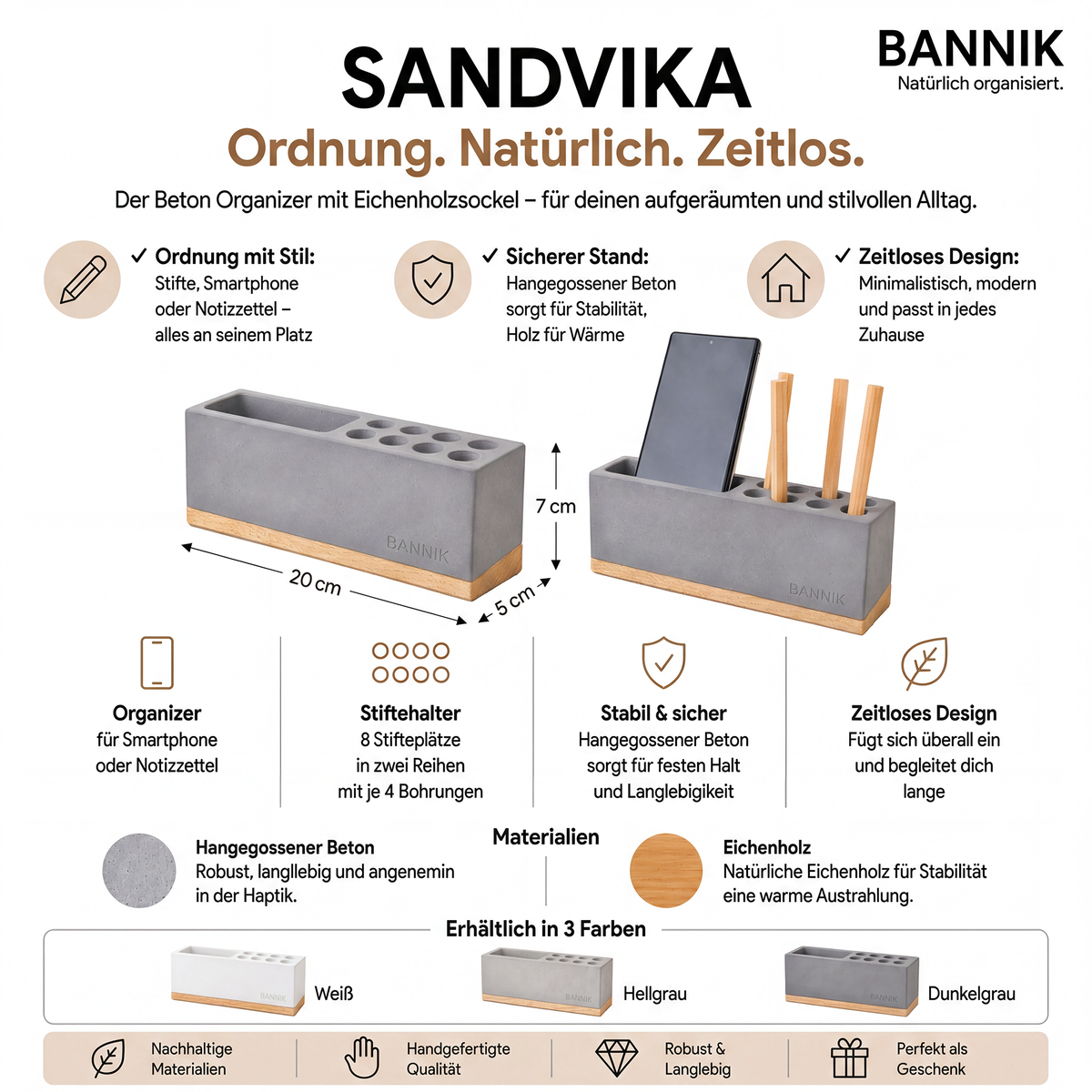 Bannik Design Sandvika – Schreibtisch-Organizer aus Beton und Eichenholz, Produktansicht 5