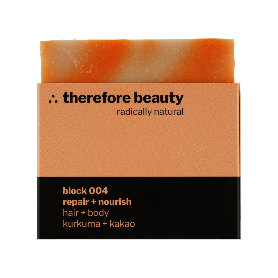 Set bileşeni: therefore beauty block 004 – zerdeçal ve kakaolu sabun, 100 g