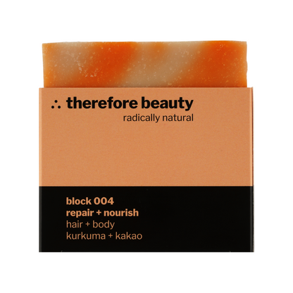 Set bileşeni: therefore beauty block 004 – zerdeçal ve kakaolu sabun, 100 g