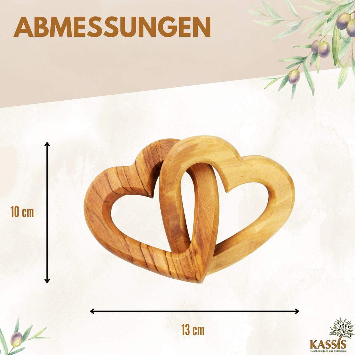 Verbundene Olivenholz-Herzen mit Gravur – 10 cm – weitere Produktansicht 3 von 10
