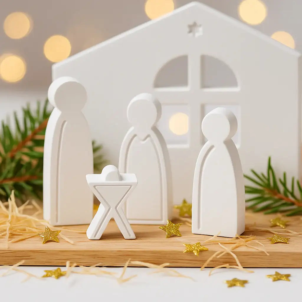Handgefertigte Mini Krippe in Weiß für moderne Weihnachtsdekoration