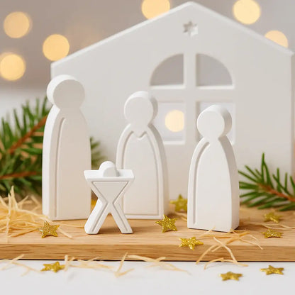 Handgefertigte Mini Krippe in Weiß für moderne Weihnachtsdekoration