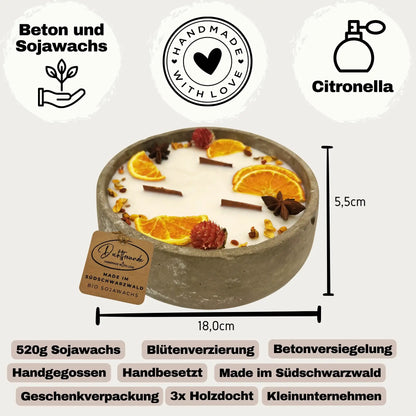 Detailansicht der XXL Citronella-Kerze „Der Sommer“ im Betongefäß
